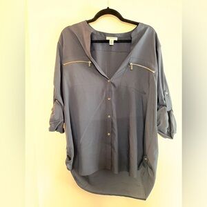 Calvin Klein Navy Button-Front Zip-Pocket Blouse
